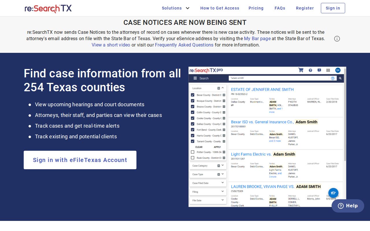 re:SearchTX platform for Kinney County criminal court case records