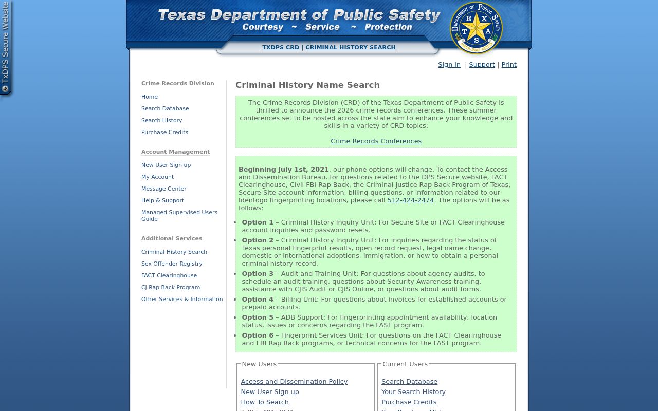 Kinney County criminal history search through the Texas DPS name portal